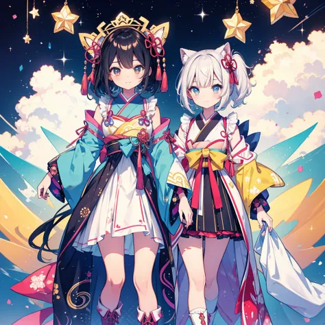 1girl、vtuber-fullbody、Star Fairy、Masterpiece、Official Art、Super detailed、super beautiful、かわいいStar Fairy、white straight short hair、Milky Way、universe、star charm、Star、Baby Face、Knee-high boots、Japanese pattern dress、A beautiful girl wearing black and white c...