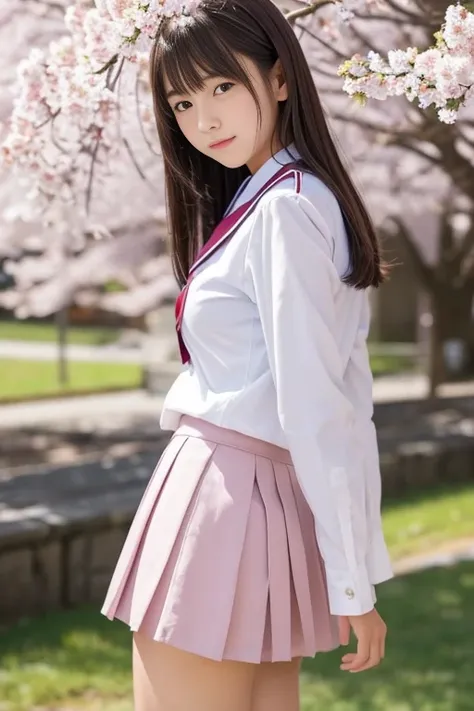 8k,masterpiece,Japanese,14-year-old girl,from the front,Innocent face,Japanese Junior High School Uniforms, semi-long,noon,bright,Cherry tree,Very large breasts,Big Breasts,I can see my white underwear from the bottom of my skirt., Taken at the best angle