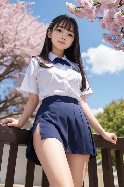 8k,masterpiece,Japanese,14-year-old girl,from the front,Innocent face,Navy blue uniforms of Japanese junior high schools, semi-long,noon,bright,Cherry tree,Very large breasts,Big Breasts,I can see my white underwear from the bottom of my skirt., Taken at t...