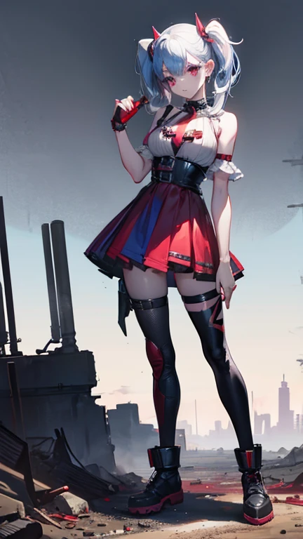 very pretty girl，fit、healthy. Dress like Harley Quinn, In a very short time. Post apocalyptic background. full-body shot, Movie Lighting, Extremely true. 