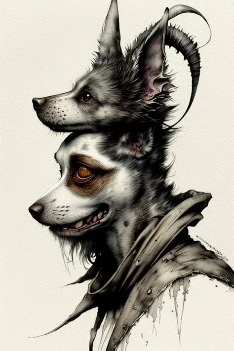 A captivating and minimalist caricature of a weed-smoking doggy showcasing a blend of pop culture references and dark surrealism. The doggy has an exaggerated, side view appearance, with a hint of grotesque. The art style is reminiscent of Russ Mills, Saki...