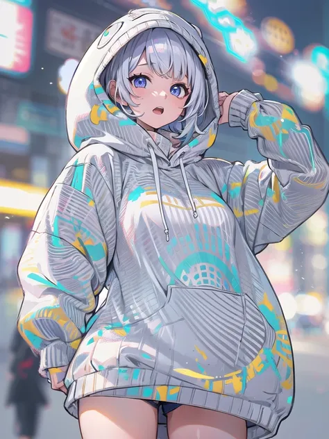 1 person girl、pleochroism、A loose-fitting jersey-style long hoodie in holographic colors、Ribbed knit cuffs and hem、Vtuber whole body、Milky white short hair、Standing figure facing the viewer、Simple Background、highest quality、Masterpiece、Official Art、8K、