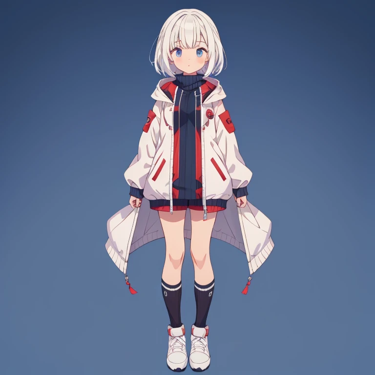 1girl、Jersey-style long parka、Rib knit cuffs and hem、vtuber-fullbody、Milky white short hair、