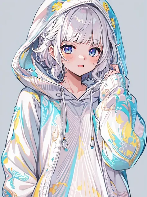 vtuber-fullbody、1 person girl、pleochroism、A loose-fitting jersey-style long hoodie in holographic colors、Ribbed knit cuffs and hem、Vtuber whole body、Milky white short hair、Standing figure facing the viewer、Simple Background、highest quality、Masterpiece、Offi...