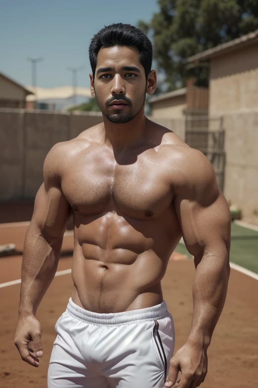 Acima、Crie um homem maduro de 30 anos，single eyelids！Use roupas esportivas,  com cabelo castanho curto ！e uma barba curta, Just shortshow hairy chest muscles), ), (Use uma barba curta,) free space！Charming and serious look, （（Corra no campo esportivo））, mu...