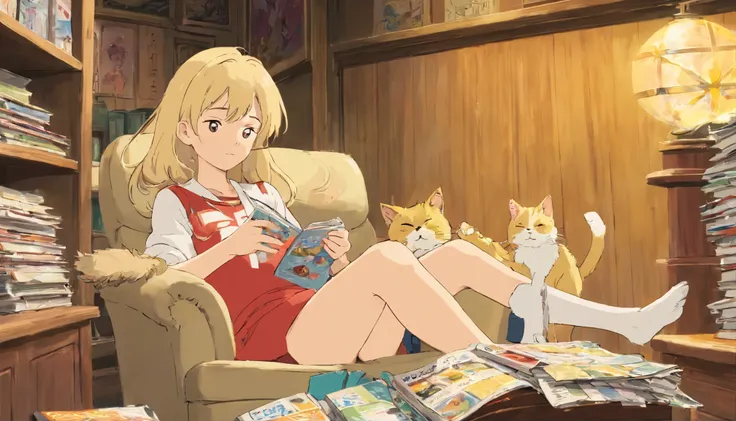 In the center of the frame is a knowledgeable, blonde, cute Japanese girl listening to a talk on headphones., （（A cream-colored cat sleeping next to me））、Surrounded by scattered newspapers and magazines. A halo appears on one of her hands, It shows that sh...