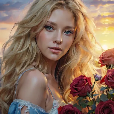 painting of a woman with long blonde hair and blue eyes, holding a bouquet of roses., karol buck, beautiful art, uhd, beautiful ...