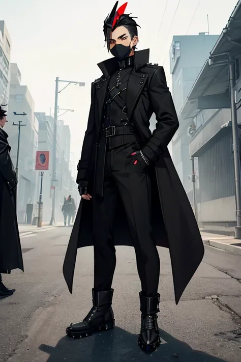 male, (((1boy))), (((long black coat with metal studs))), (black pants), (grey metal greaves), (black boots), (black fingerless gloves), (white full face mask with yellow markings), (red headdress), long legs