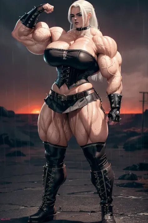 ((((Massive, tall, beautiful, buff, wet, light brown skinned muscular goddess woman with white hair, black lipstick, ginormous bulky muscles, flexing muscles and wearing a black leather corset with loose skirt)))), (red background), close view, (massive mu...