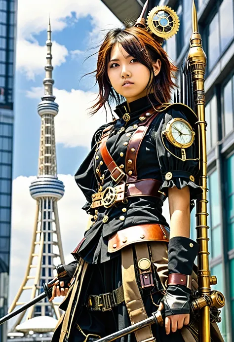 Future Tokyo Skytree Steampunk Teenage Girl Soldier Long Spear