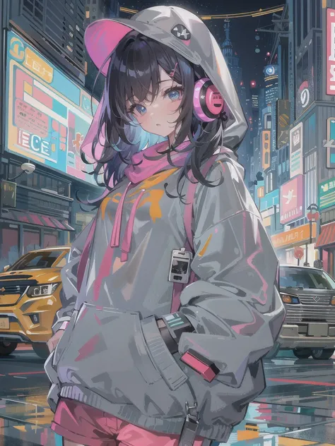 8K resolution、((top-quality))、((​masterpiece))、((ultra-detailliert))、1 woman、solo、incredibly absurdness、Oversized hoodies、headphones、Street、plein air、Sateen、neons、Shortcut Hair、Brightly colored eyes、Hands in pockets、shortpants、water dripping