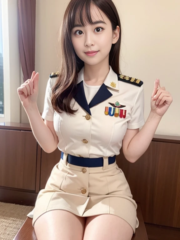 Raise your hand to the camera、White naval uniform、Wearing a medal、Japanese women,（whole body）、mini skirt、26 years old、 Very beautiful face,  Beautiful girls, Beautiful realistic face,  