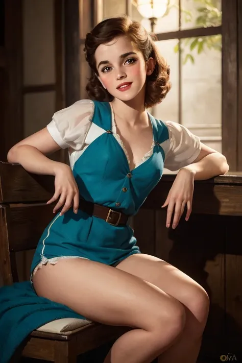 ((emma watson)), Session on the chair, antiguo,  ((Estilo pin up retro)), lenceria sexy azul y blanca, By the chestnut, ((en un rio)), (Obra maestra:1.4), (mejor calidad:1.4), retro antiguo pin-up style, extremely detallado, intrincado, hyper-detallado, il...