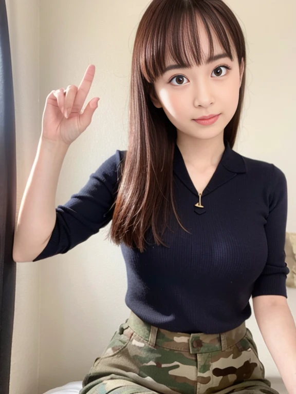 Raise your hand to the camera、Camouflage navy uniform、Wearing a medal、Japanese women,（whole body）、mini skirt、26 years old、 Very beautiful face,  Beautiful girls, Beautiful realistic face,  