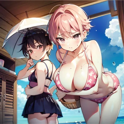 A tired older sister、Annoyed older sister、Boy staring at chest、ピンクのビキニSwimwear、Swimwear、Big breasts spilling out