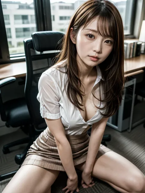 (In 8K，highest quality，masterpiece)，(Realistic，RAW Photos，Super Fine Clear)，Realistic Light，Detailed skin，Beautiful Japanese Woman，((30-year-old woman，))、business scene，Businesswoman&#39;Clothing，suit，Office Fashion，(Long skirt)、Panty shot，White sexy panti...