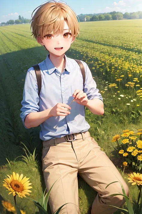 (zh-CN) Farmland, Morning Dew, Sunlit wheat field, Leisurely blooming dandelion, (1 boy), A big smile in the bright sun, wearing light cotton clothes, Blue Shirt, Gentle and natural.