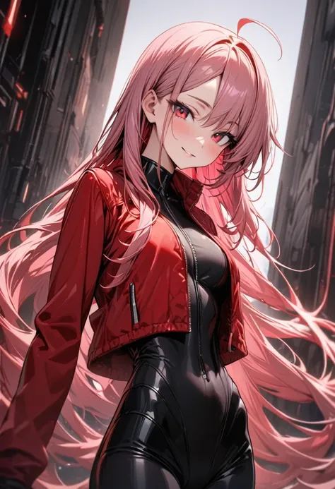 masterpiece, best quality, ultra detailed, 1girl, 17 years old, tall, mature, pink hair, very long hair, ahoge, long flipped side hair, separated bangs, deep red eyes, slightly smile, red jacket, black and skinny inner suit, 