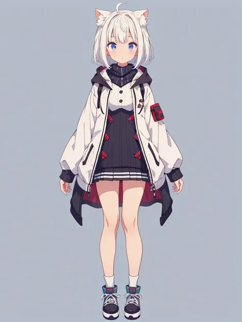 1girl、Jersey-style long parka、Rib knit cuffs and hem、vtuber-fullbody、Milky white short hair、