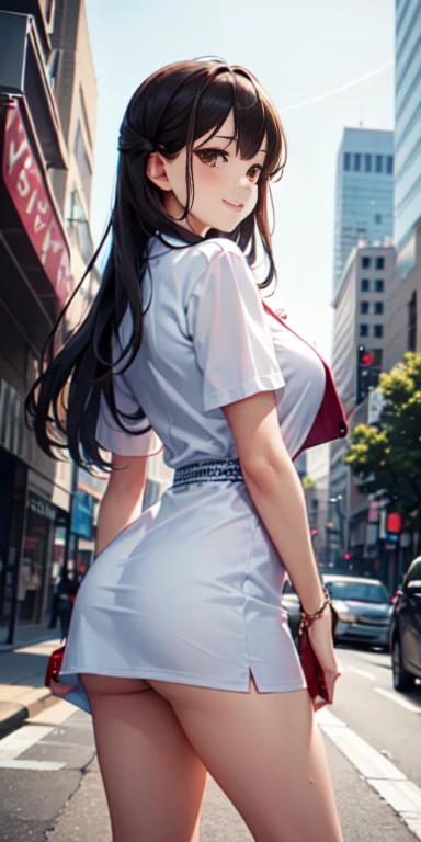 In the beautiful cityscape、Attractive woman standing with a smile。She is surrounded by skyscrapers and busy streets.、You can feel the bustle of the city。her hair blows in the wind、Her eyes are shining。She seems to enjoy the charm of the city.、Confident。