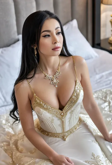 1 girl,8k, masterpiece,on bed, small Diamond necklace,white and gold sexy wedding dress,cleavage of the breast,Medium breasts,White skin glows,look at viewer,long black hair with gold highlights