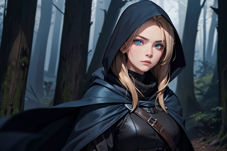 Female, dark blonde hair, blue eyes, black cloak, assassin’s blade, dark forest