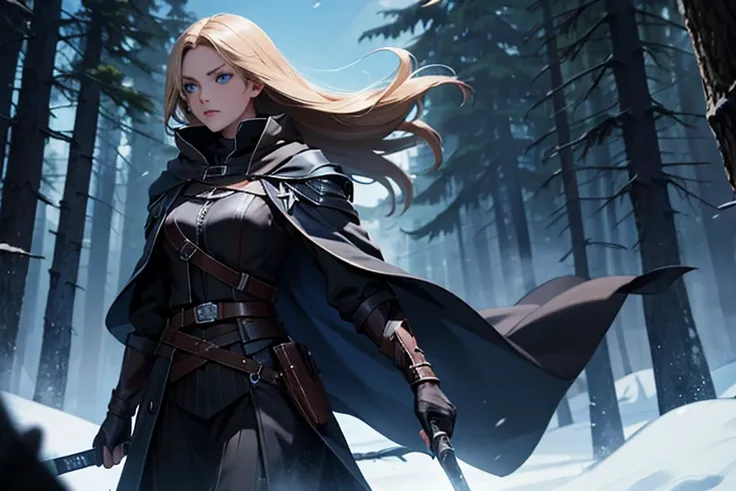 Female, dark blonde hair, blue eyes, black cloak, assassin’s blade, dark forest