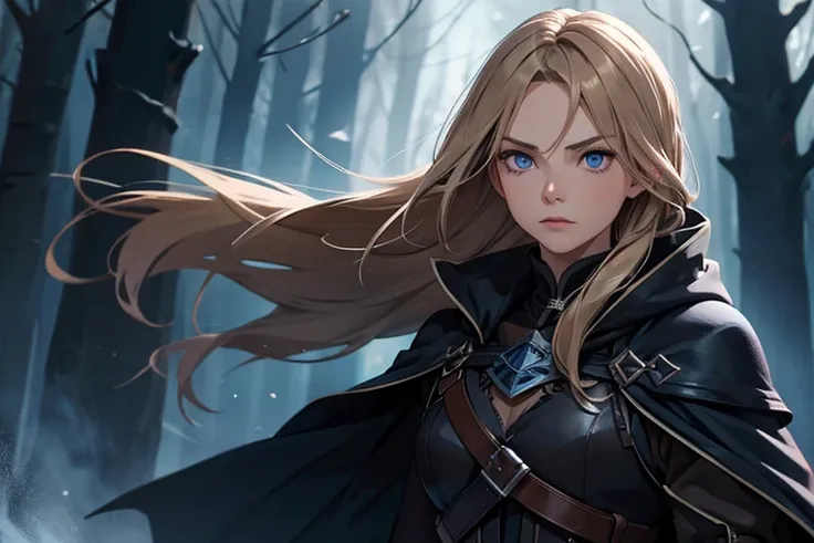 Female, dark blonde hair, blue eyes, black cloak, assassin’s blade, dark forest