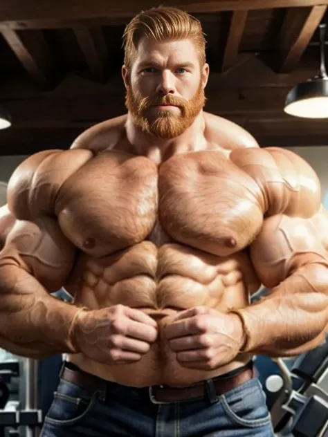 (perfect man:1.5), ginger, beard, hairy, vascular, realistic, (large muscles:1.7)