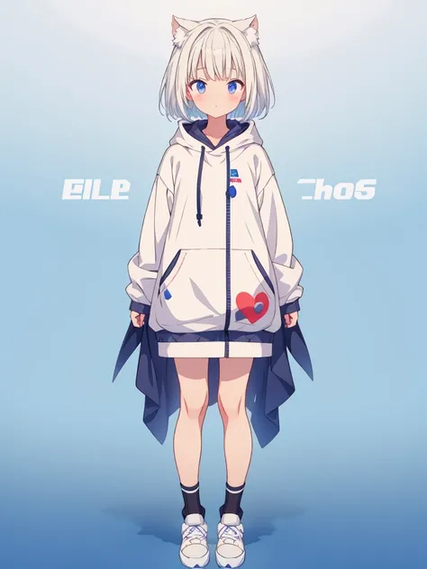 1girl、A simple long hoodie、Rib knit cuffs and hem、vtuber-fullbody、Milky white short hair、