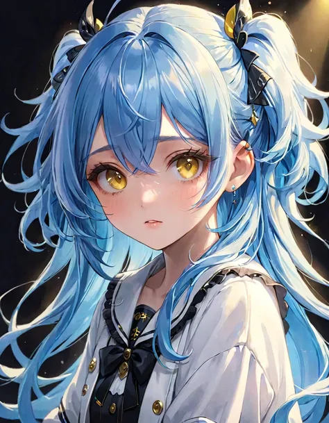 beautiful, masterpiece, best quality, extremely detailed face,  perfect lighting, 1girl, solo, Blue hair,Eye color Pastel Yellow,Detailed Clothes,Bad girl,Funny Person,Cute