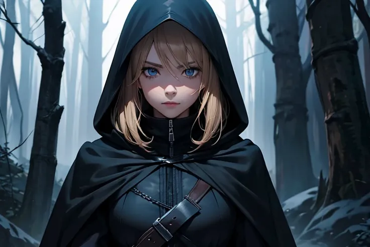 Female, dark blonde hair, blue eyes, black cloak, black hood, assassin’s blade, dark forest