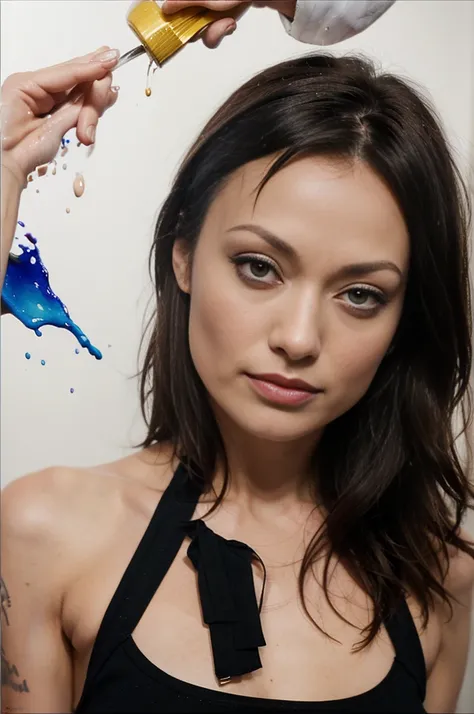 realistic photo of very short OliviaWilde, ink splash, colorful, watercolor, very thin