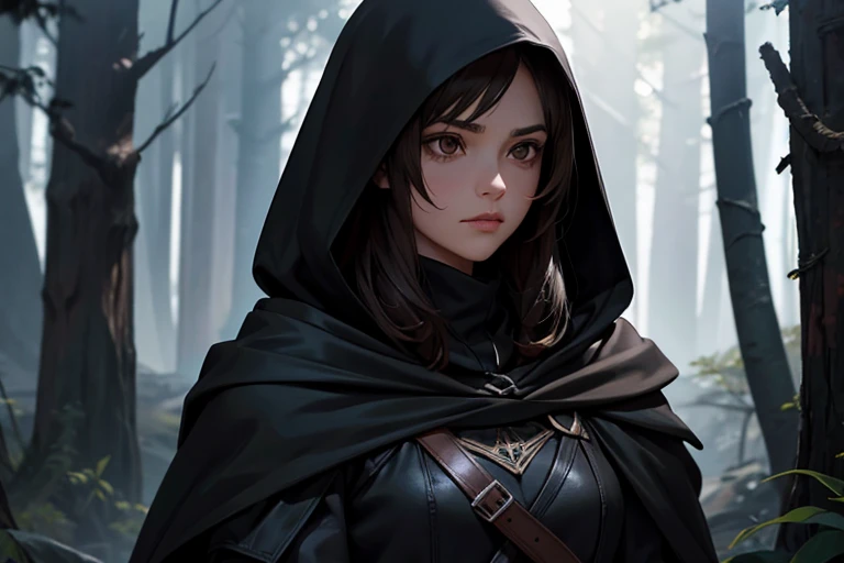 Female, dark brown hair, brown eyes, black cloak, black hood, assassin’s blade, dark forest