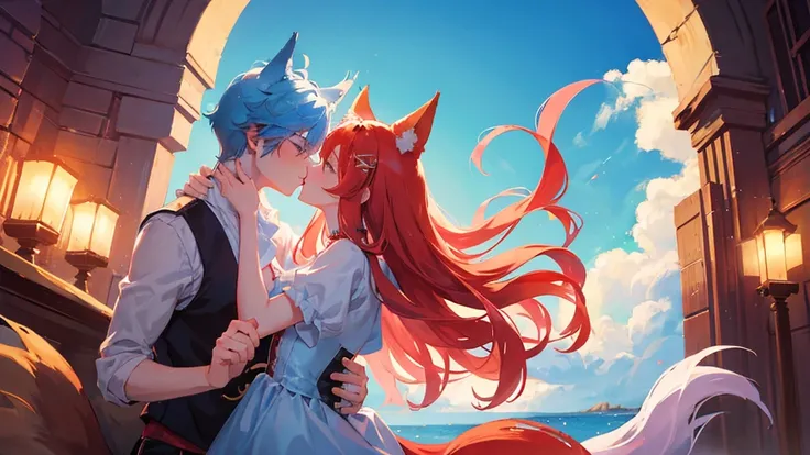 boy and girl, girl with red hair, fox ears, fox tail, and boy with light blue hair, blue eyes, cat ears, royal clothes, sky, kiss pose, 8k resolution 