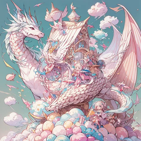 pastel colour、Pink and White Candy House、Chibi sitting astride on a  dragon、dancing in the sky、