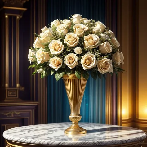 Masterpiece，highest quality，there are 12 white roses in a marble and jewel studded gold vase, Beautiful ring, Sparkling gemstones, Ultra detailed，(No Man),Ring in the shape of a rose，starry sky，Wrapped around the end from beginning to end，Delicate gold rin...