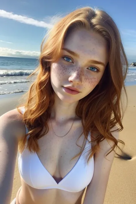 2girl in, age19, beautiful teen, group, Aesthetic artwork, irish, wavy ginger hair, shoulder length hair, freckles, pale skin, A-cup, small breasts, runners body, (textured skin, skin pores:1.1), goosebumps, sitting on beach, selfie style shot, sexy bikini...