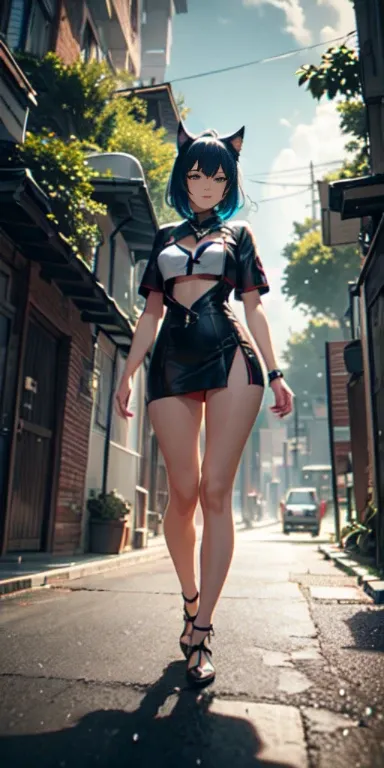 Dynamic view of the whole body, professional anime art, anime, cat woman-18-years-old, very horny, cat ears, short blue hair, bangs, very short white dress, very strong rising wind, pharaoh, very short underwear, --V5, close to real, psychopath, face: (sym...