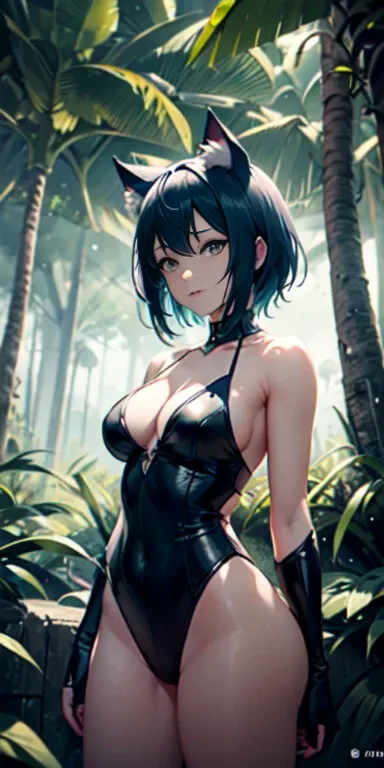 Dynamic view of the whole body, professional anime art, anime, cat woman-18-years-old, very horny, cat ears, short blue hair, bangs, very short white dress, very strong rising wind, pharaoh, very short underwear, --V5, close to real, psychopath, face: (sym...