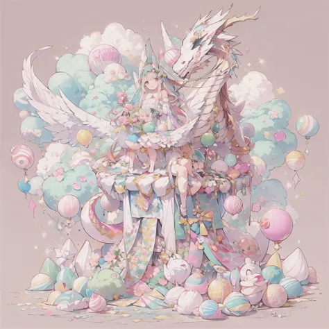 pastel colour、Pink and white candy house、Cute  on top of a dragon、Flying in the sky、