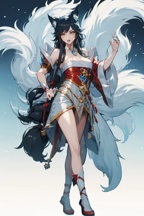 1 plump girl, full body standing painting, solo, fox ear, fox tails, gorgeous white dress, ali, civet league of legends,