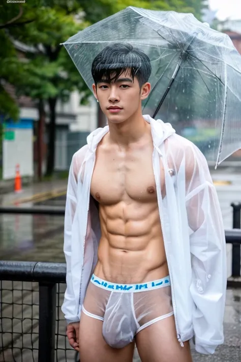 Handsome Asian boy, 17 years old boy , handsome Korean face, neat muscular, wear only transparent raincoat, big bulge, Penis clearly visible through thin wet transparent white mesh briefs, Semen dripping from penis, showing abs, rainy day, very wet body, v...