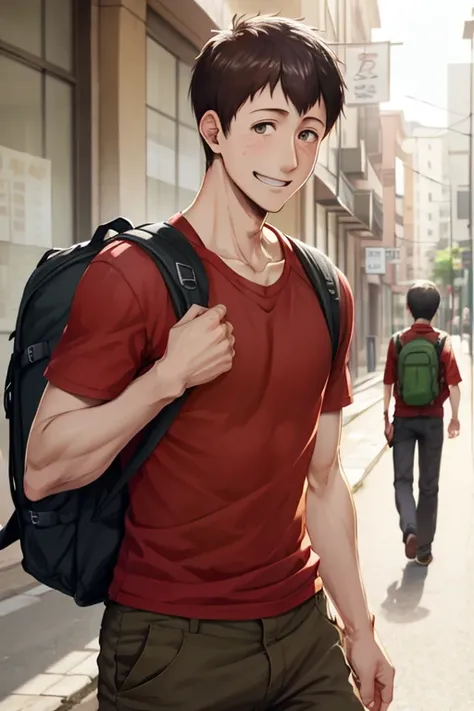 bertolt, young, boy, 10 years old, backpack, red shirt, trousers, smile, street  