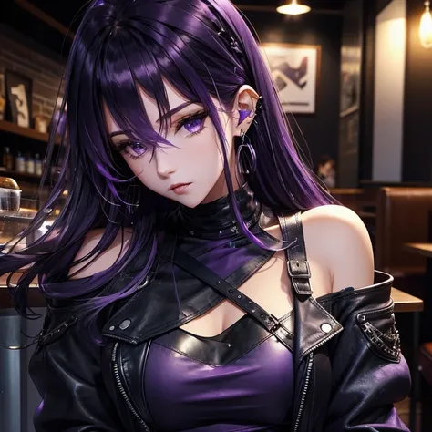 Purple Hair，Long Hair，Purple Eyes，Earrings，Black leather jacket，Shoulder Bare，Distressed jeans，Cafe