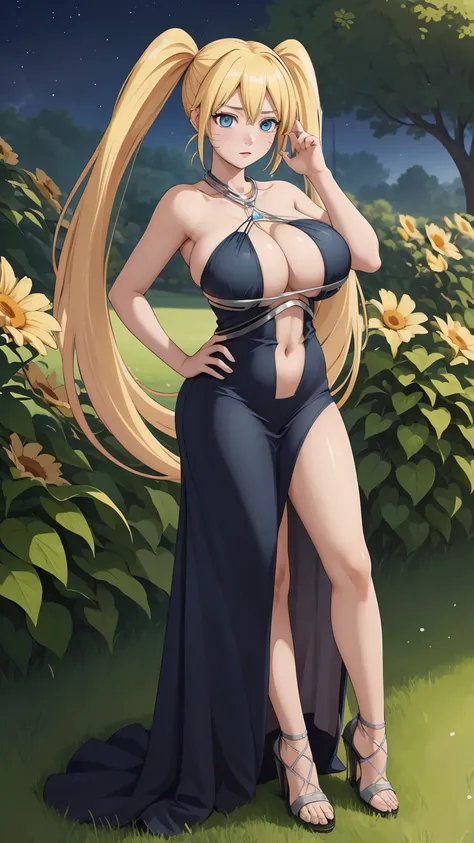 masterpiece, ultra high-quality, extremely detail 8k cg, high resolution, 1girl, narukouzumaki, twintails, wisker marks, blonde hair, blue eyes, perfect eyes, thin body, huge breasts, bursting breasts, evening gown, halterneck, criss-cross halter, high hee...