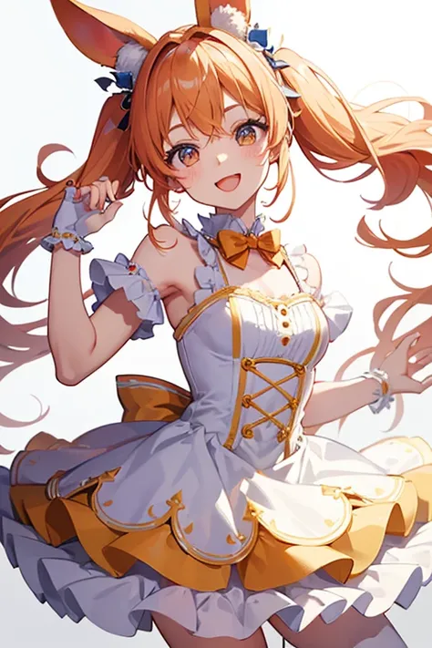 Virtual Singer,Apricot Hair,Rabbit,ear,Twin tails,ribbon,Frills,diamond,fine,white clothes,smile,fine,White background,highest quality, masterpiece,cute