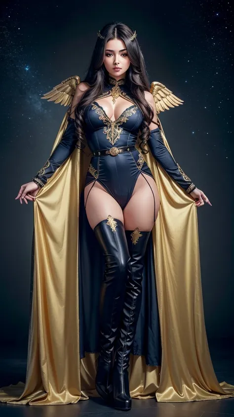 Best quality, 8K,glorious angel, female, beautiful and detailed face, curly long hair,big eyelashes,big angel´s wings,LOOKING TO observer,dark blue dress embroided with gold details,bodystocking,armlets,black belt,over the knee boots,iluminate cathedral sc...