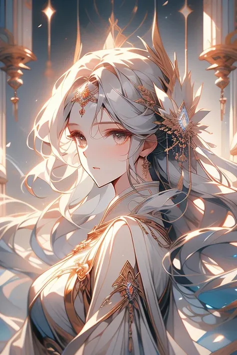 A girl,Moon Messenger,Moonlit Maiden,The second dimension image of the moon,A faint smile,Holy and elegant,Indifferent expression,Silvery-white eyes,Flowing ancient robe,Long flowing white hair,Exquisite hairstyle,magic,Ray Tracing,Delicate facial features