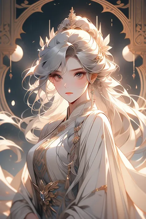 A girl,Frontal image，Moon Messenger,Moonlit Maiden,The second dimension image of the moon,A faint smile,Holy and elegant,Indifferent expression,Silvery-white eyes,Flowing ancient robe,Long flowing white hair,Exquisite hairstyle,magic,Ray Tracing,Delicate f...